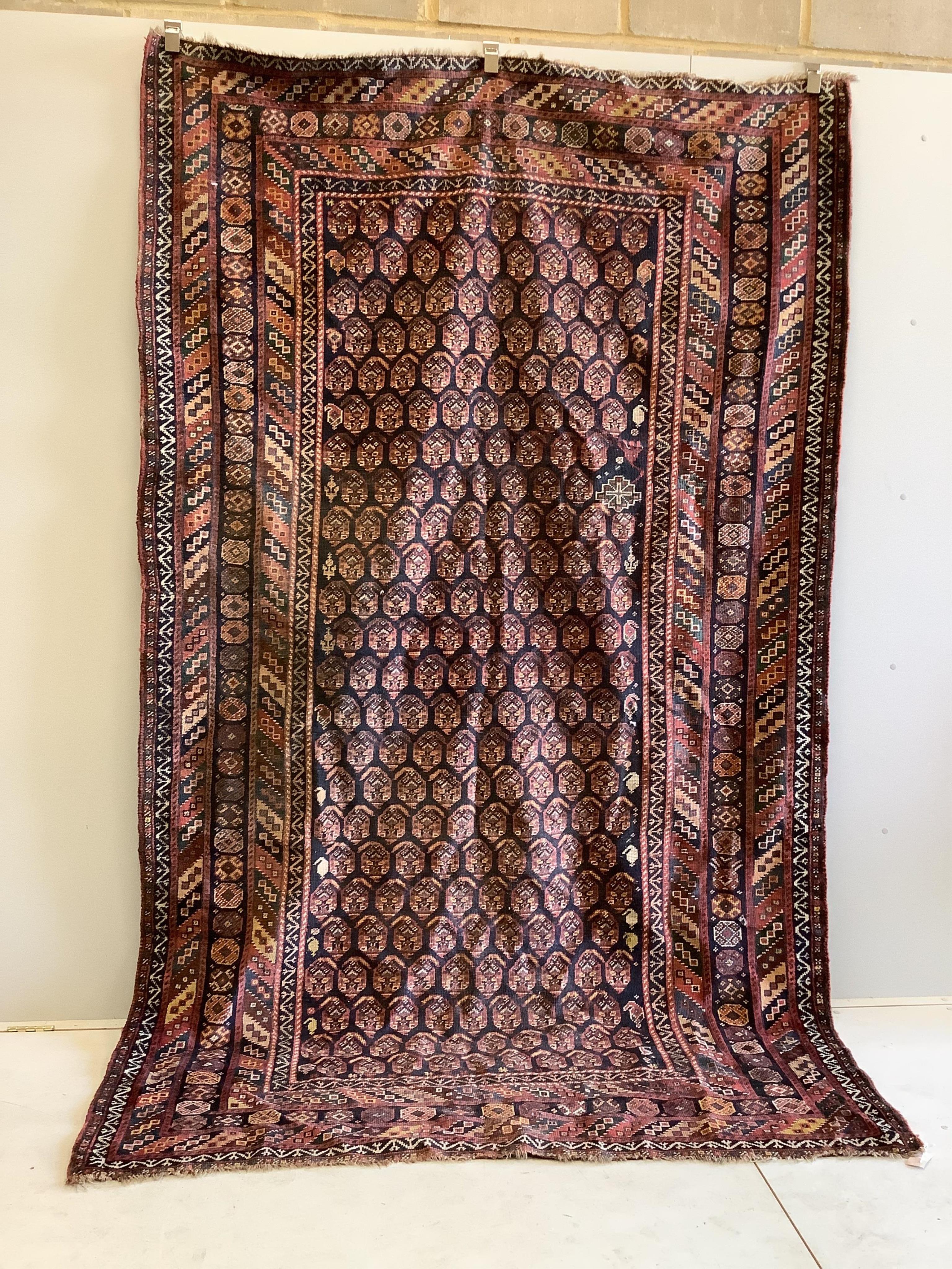 An antique Shirvan blue ground Boteh carpet, 290 x 170cm. Condition - fair